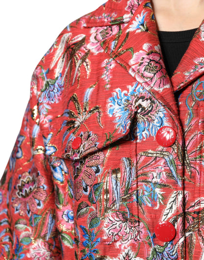 Giacca cappotto con bottoni in jacquard floreale rosso Dolce &amp; Gabbana