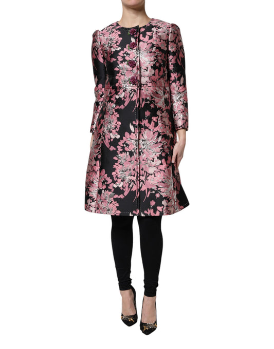 Giacca trench in broccato floreale rosa e nero Dolce &amp; Gabbana