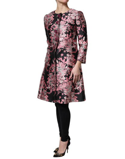 Giacca trench in broccato floreale rosa e nero Dolce &amp; Gabbana