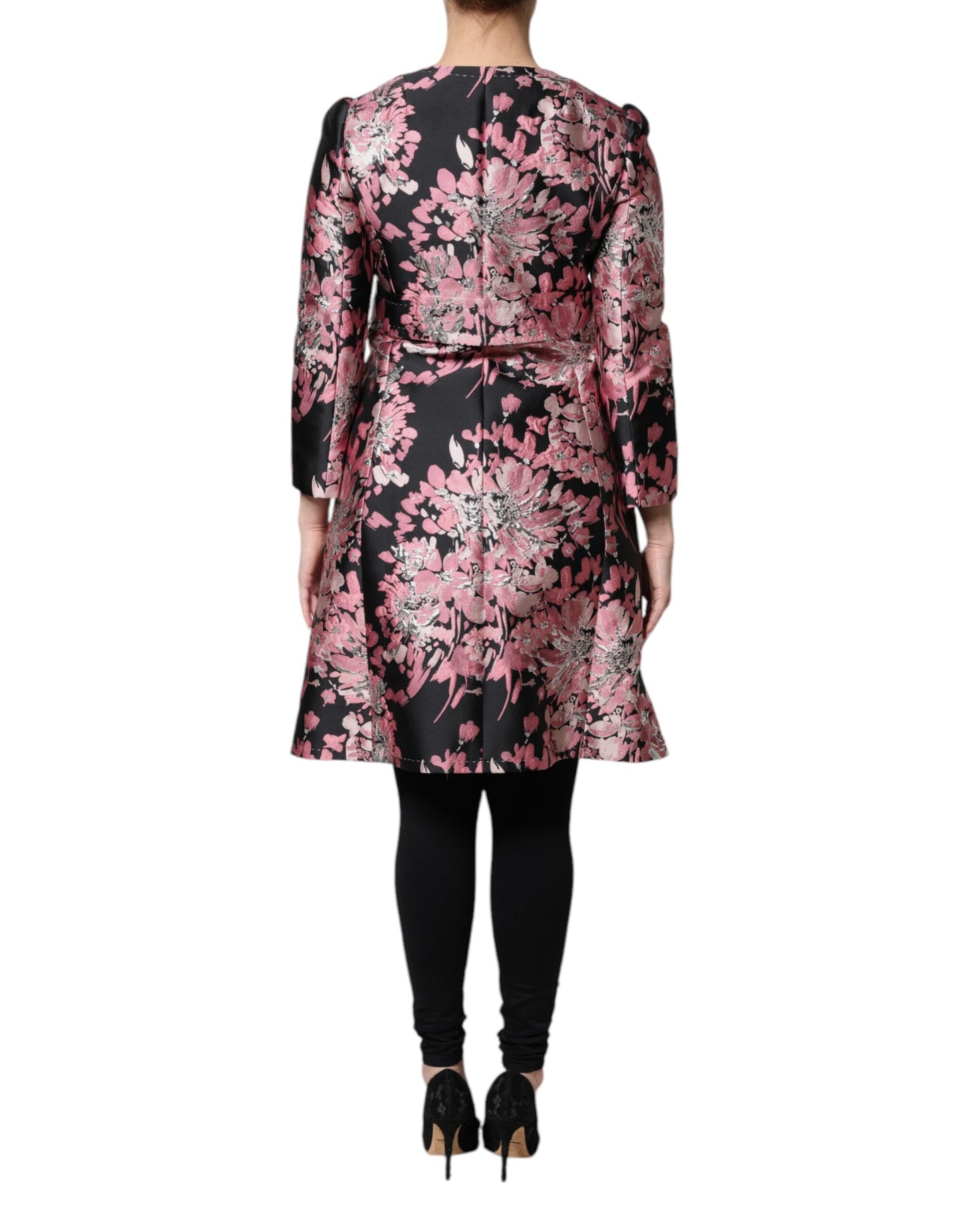 Giacca trench in broccato floreale rosa e nero Dolce &amp; Gabbana