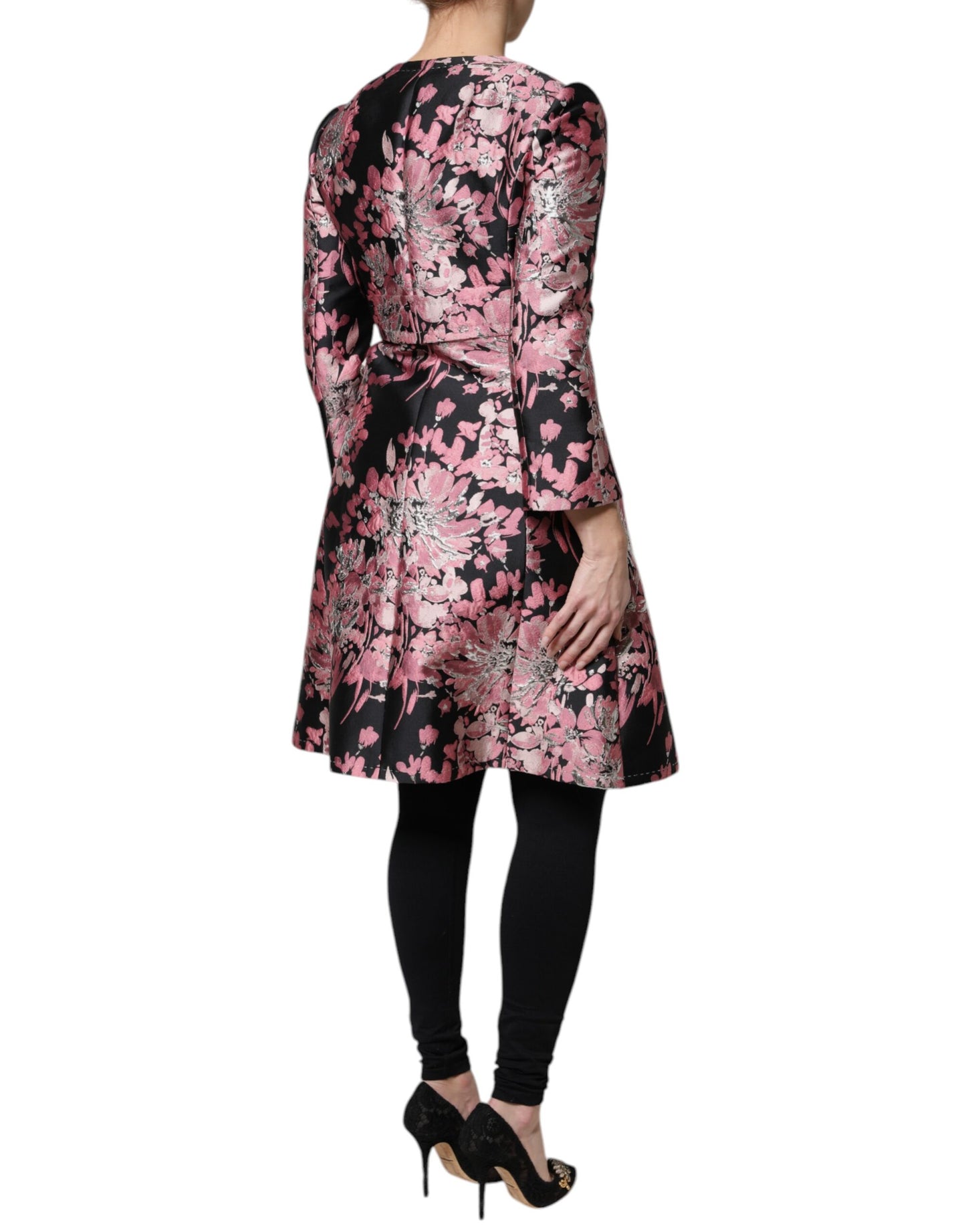 Giacca trench in broccato floreale rosa e nero Dolce &amp; Gabbana