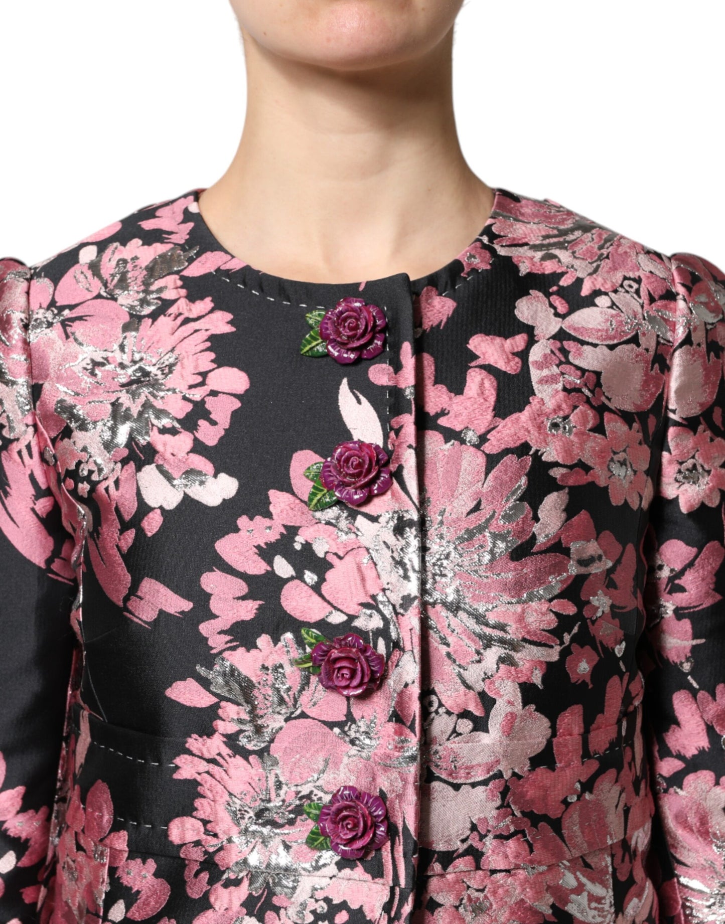 Giacca trench in broccato floreale rosa e nero Dolce &amp; Gabbana