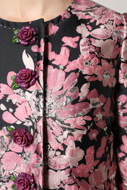 Giacca trench in broccato floreale rosa e nero Dolce &amp; Gabbana