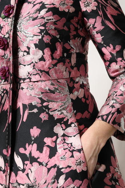 Giacca trench in broccato floreale rosa e nero Dolce &amp; Gabbana