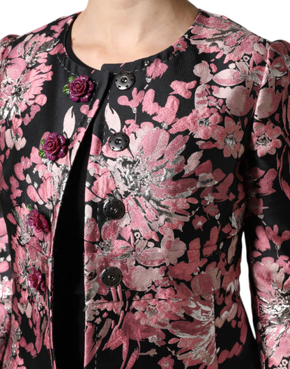 Giacca trench in broccato floreale rosa e nero Dolce &amp; Gabbana