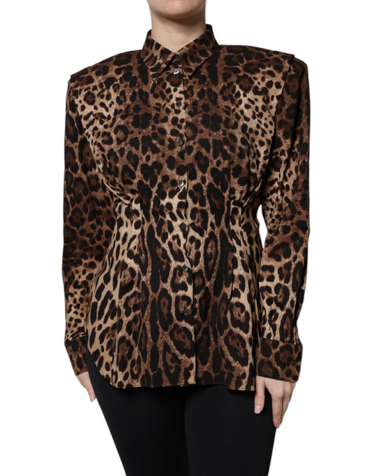 Giacca cappotto abbottonata in seta leopardata marrone Dolce &amp; Gabbana