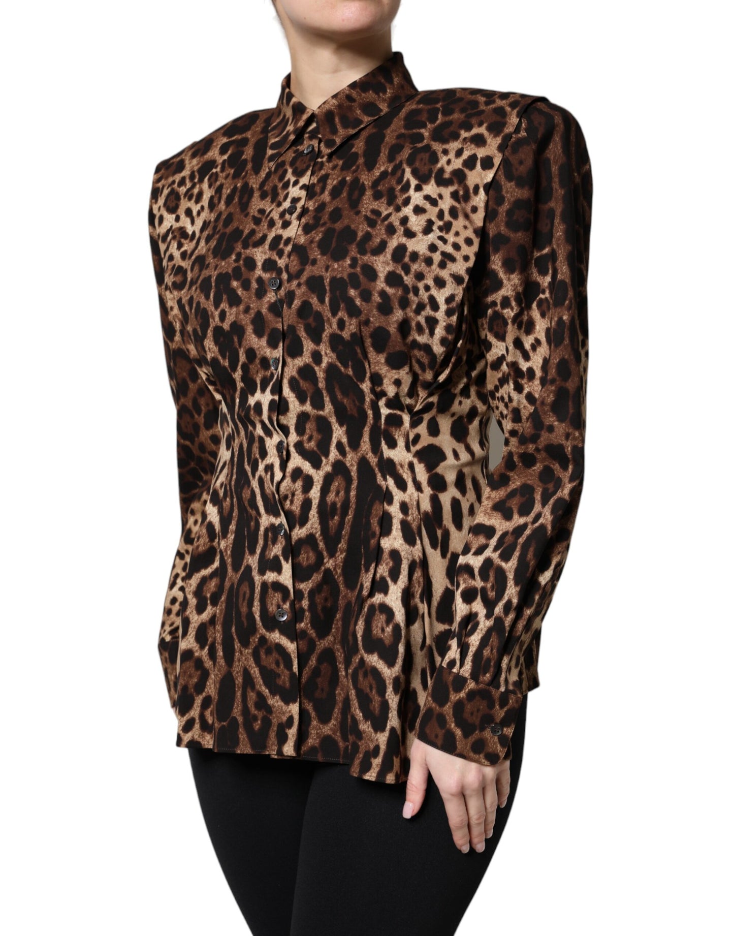 Giacca cappotto abbottonata in seta leopardata marrone Dolce &amp; Gabbana