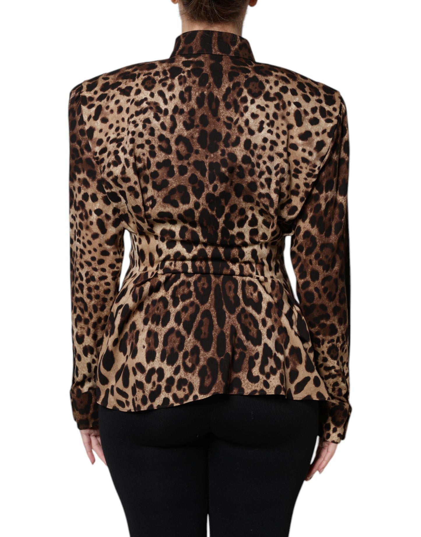 Giacca cappotto abbottonata in seta leopardata marrone Dolce &amp; Gabbana