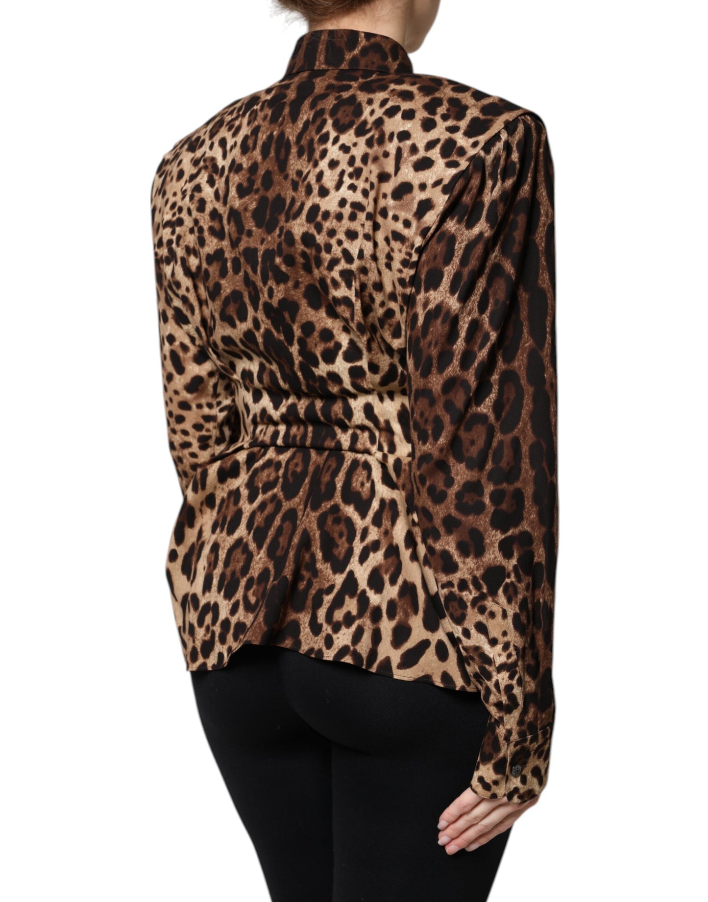 Giacca cappotto abbottonata in seta leopardata marrone Dolce &amp; Gabbana