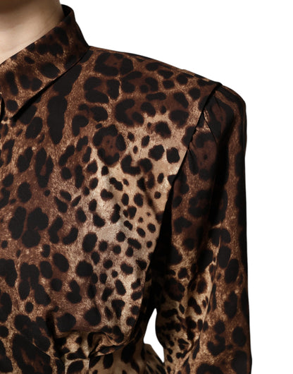 Giacca cappotto abbottonata in seta leopardata marrone Dolce &amp; Gabbana