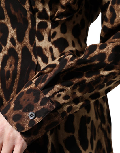 Giacca cappotto abbottonata in seta leopardata marrone Dolce &amp; Gabbana