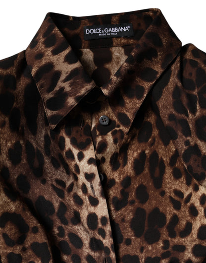 Giacca cappotto abbottonata in seta leopardata marrone Dolce &amp; Gabbana