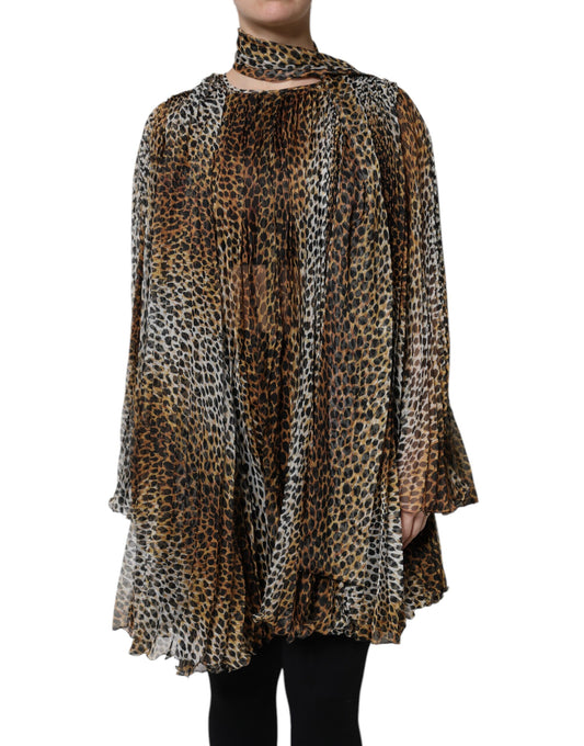 Abito in chiffon con colletto e sciarpa con stampa leopardata marrone Dolce &amp; Gabbana