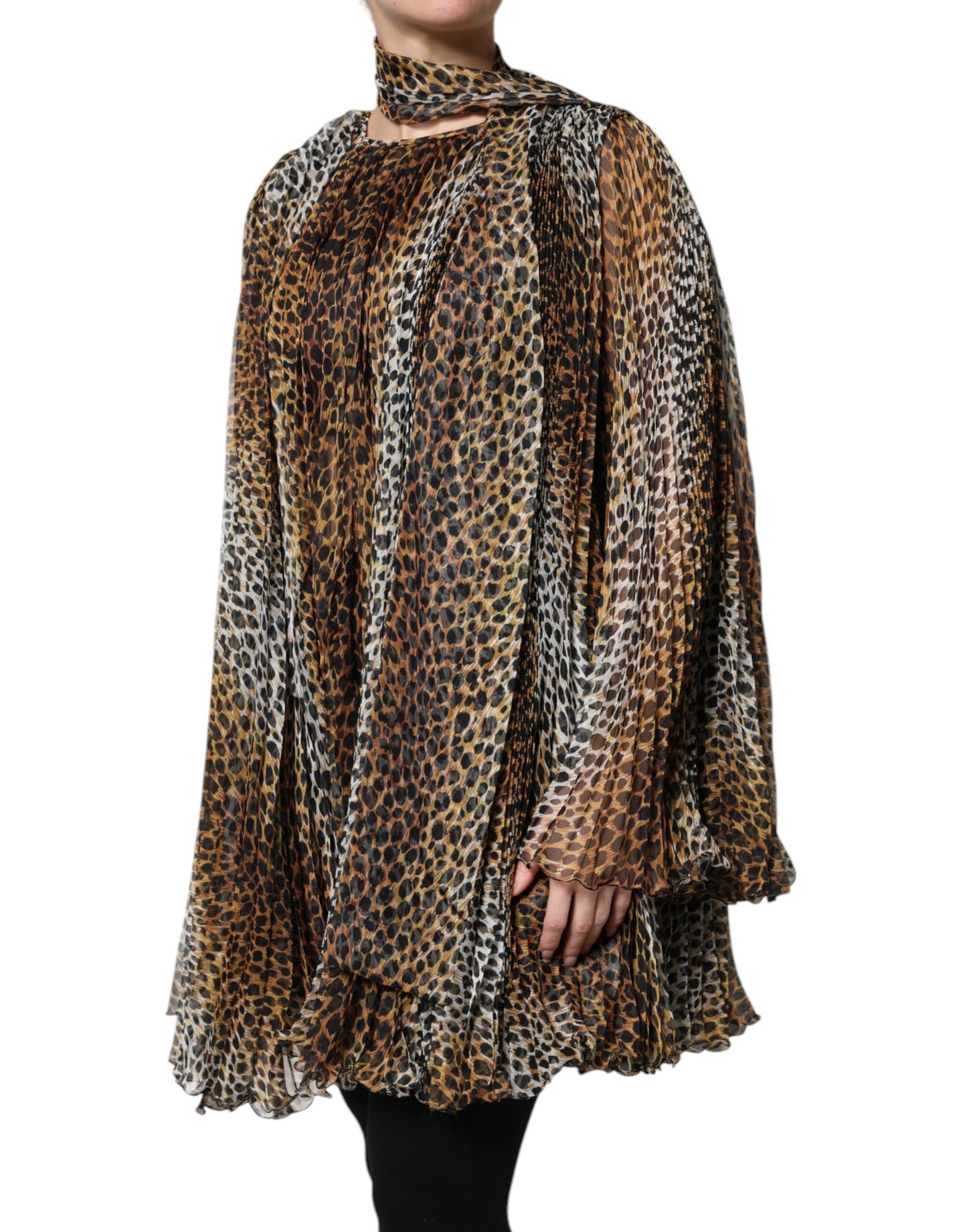 Abito in chiffon con colletto e sciarpa con stampa leopardata marrone Dolce &amp; Gabbana