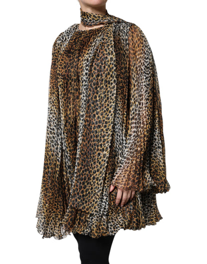 Abito in chiffon con colletto e sciarpa con stampa leopardata marrone Dolce &amp; Gabbana