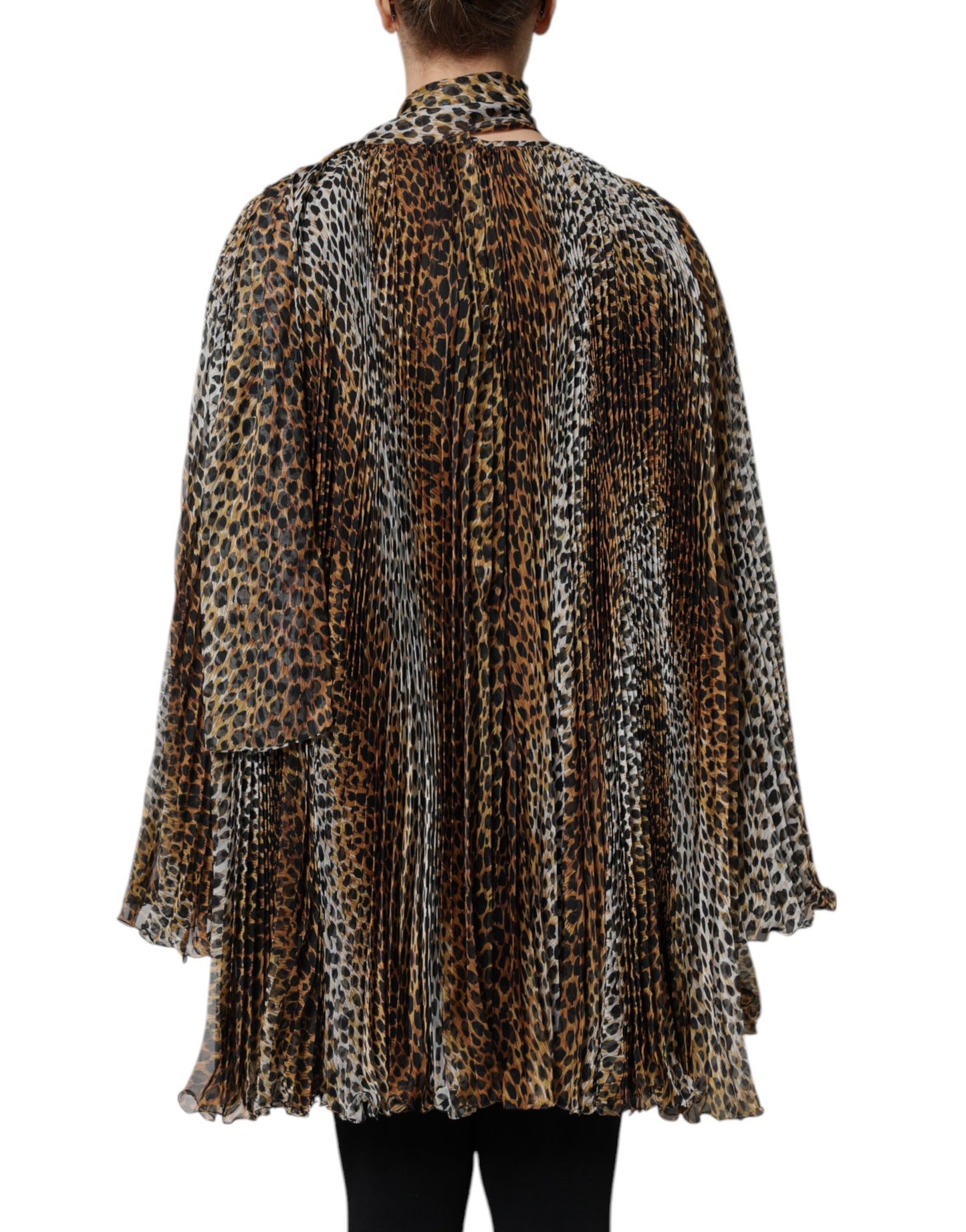 Abito in chiffon con colletto e sciarpa con stampa leopardata marrone Dolce &amp; Gabbana