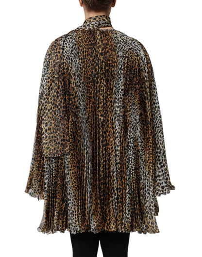 Abito in chiffon con colletto e sciarpa con stampa leopardata marrone Dolce &amp; Gabbana