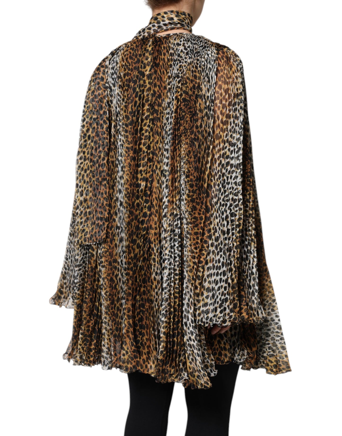 Abito in chiffon con colletto e sciarpa con stampa leopardata marrone Dolce &amp; Gabbana