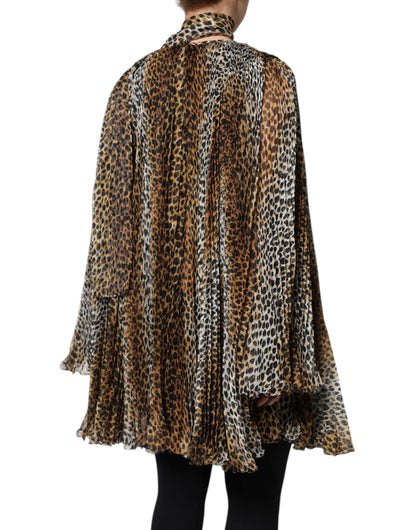 Abito in chiffon con colletto e sciarpa con stampa leopardata marrone Dolce &amp; Gabbana