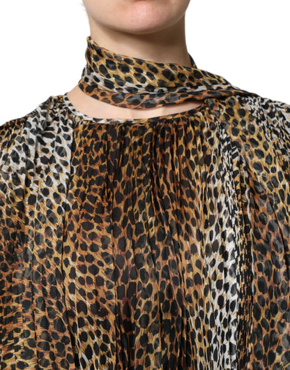 Abito in chiffon con colletto e sciarpa con stampa leopardata marrone Dolce &amp; Gabbana