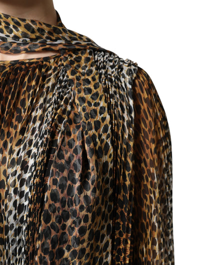 Abito in chiffon con colletto e sciarpa con stampa leopardata marrone Dolce &amp; Gabbana