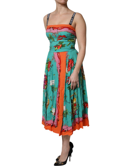 Abito midi senza maniche in seta stampata multicolore Dolce &amp; Gabbana