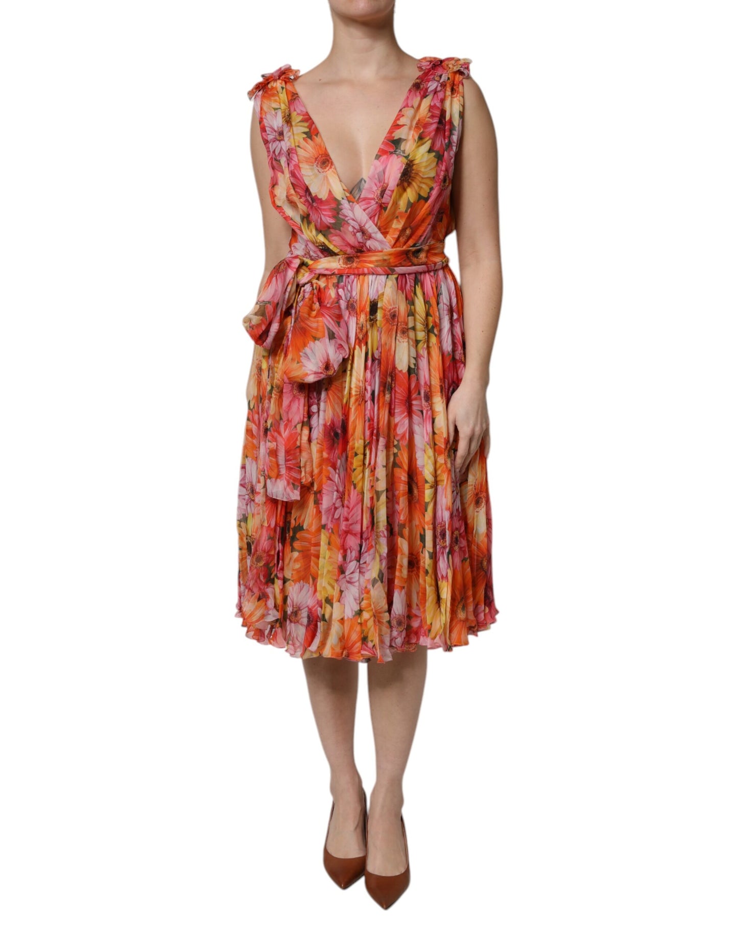 Abito in chiffon con scollo a V in seta floreale multicolore Dolce &amp; Gabbana