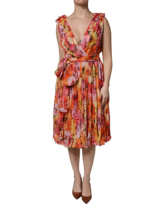 Abito in chiffon con scollo a V in seta floreale multicolore Dolce &amp; Gabbana