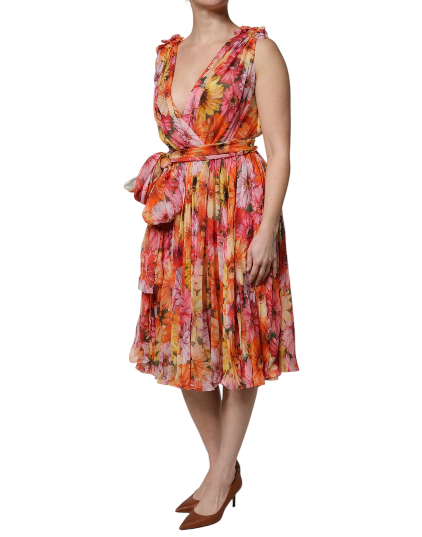 Abito in chiffon con scollo a V in seta floreale multicolore Dolce &amp; Gabbana