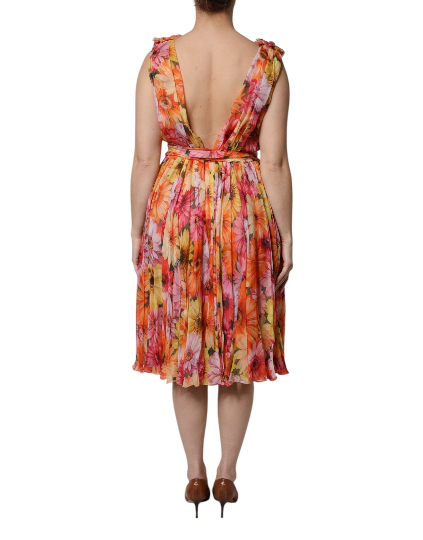 Abito in chiffon con scollo a V in seta floreale multicolore Dolce &amp; Gabbana