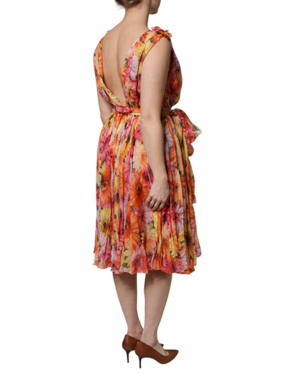Abito in chiffon con scollo a V in seta floreale multicolore Dolce &amp; Gabbana