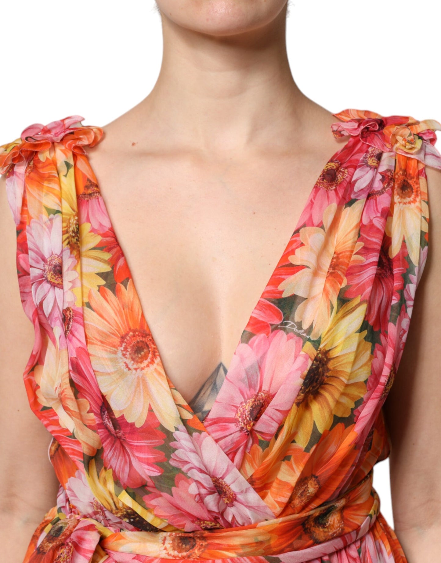 Abito in chiffon con scollo a V in seta floreale multicolore Dolce &amp; Gabbana