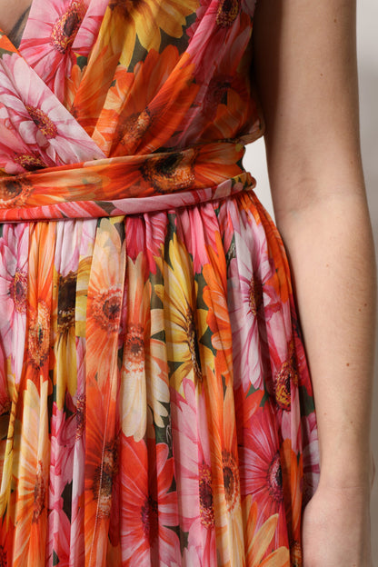 Abito in chiffon con scollo a V in seta floreale multicolore Dolce &amp; Gabbana