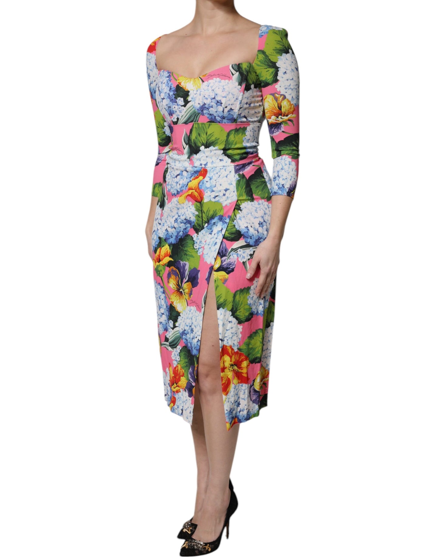 Dolce &amp; Gabbana Abito midi con spacchi laterali a fiori multicolor