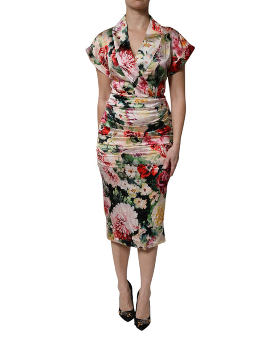 Dolce &amp; Gabbana Abito midi a tubino con maniche corte e stampa floreale multicolore