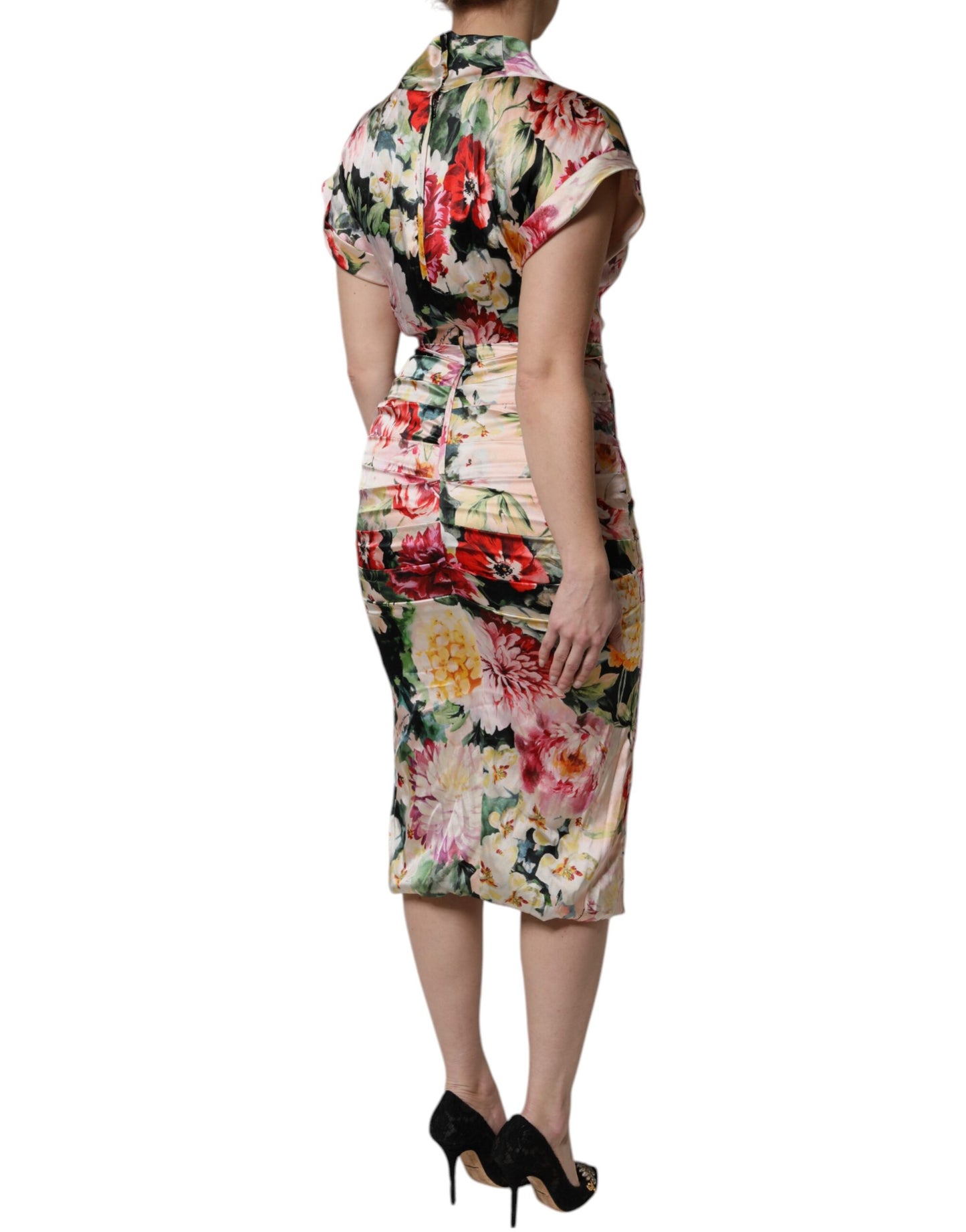 Dolce &amp; Gabbana Abito midi a tubino con maniche corte e stampa floreale multicolore