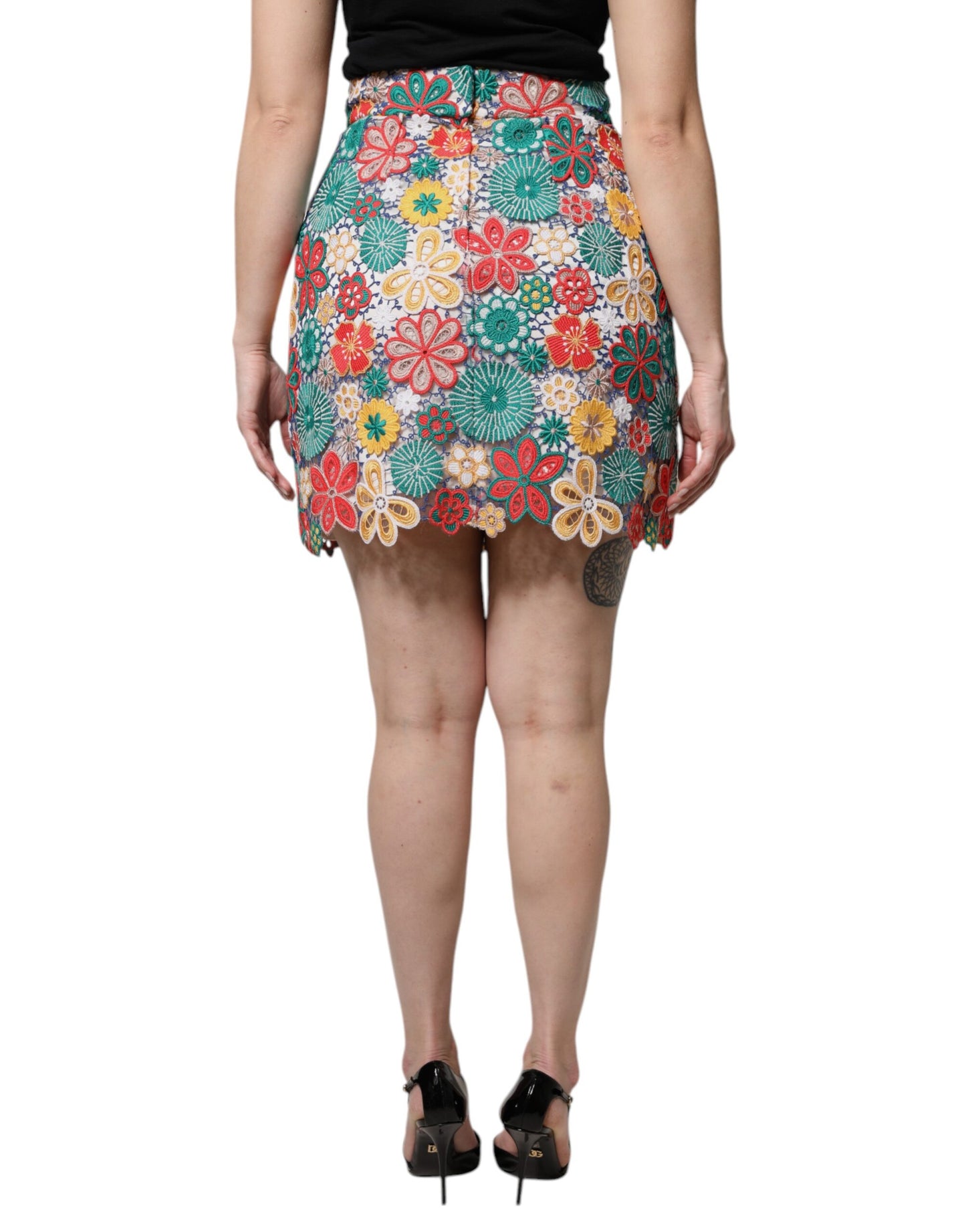 Minigonna a vita alta in pizzo floreale multicolore Dolce &amp; Gabbana