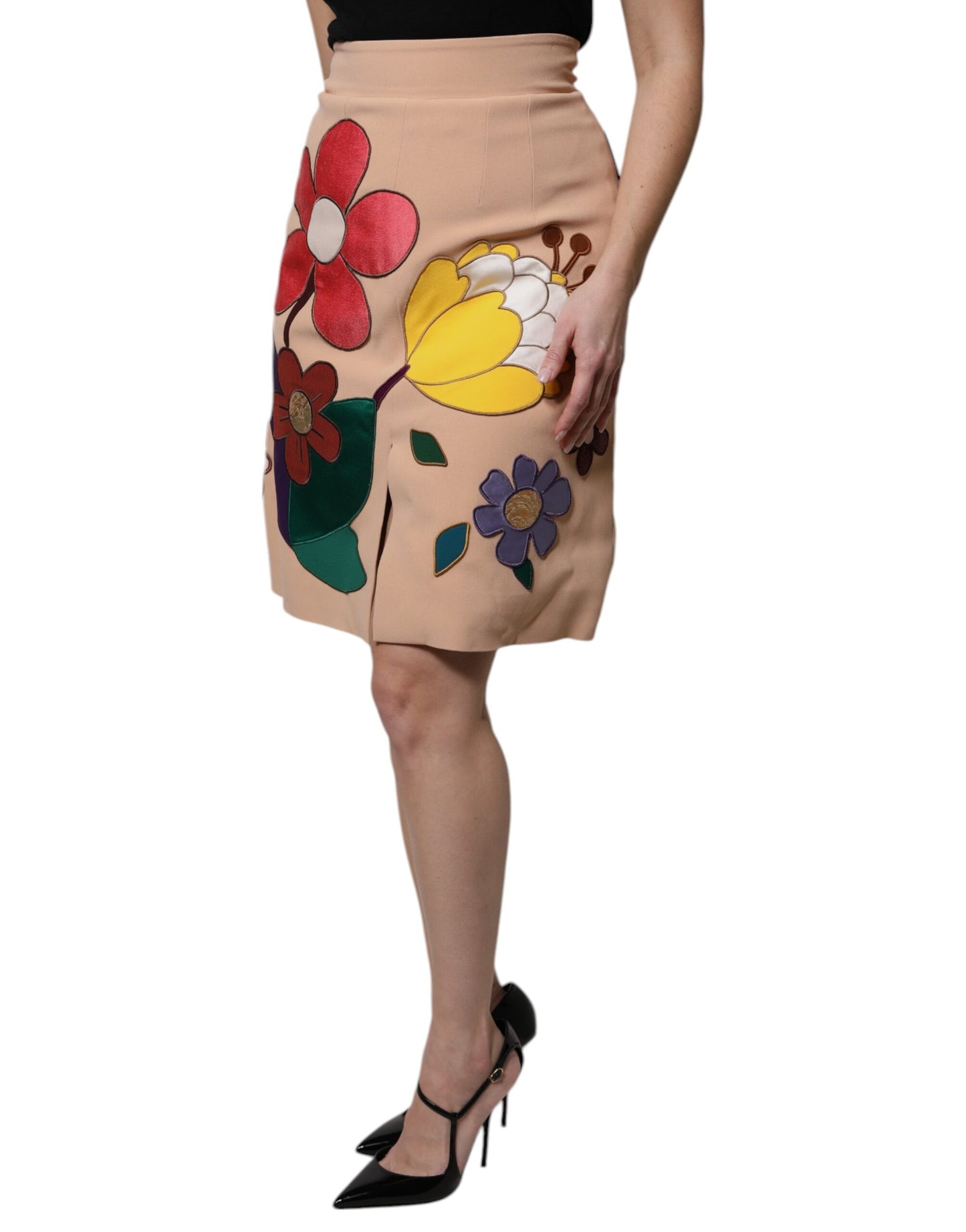 Gonna a tubino a vita alta con stampa floreale beige Dolce &amp; Gabbana