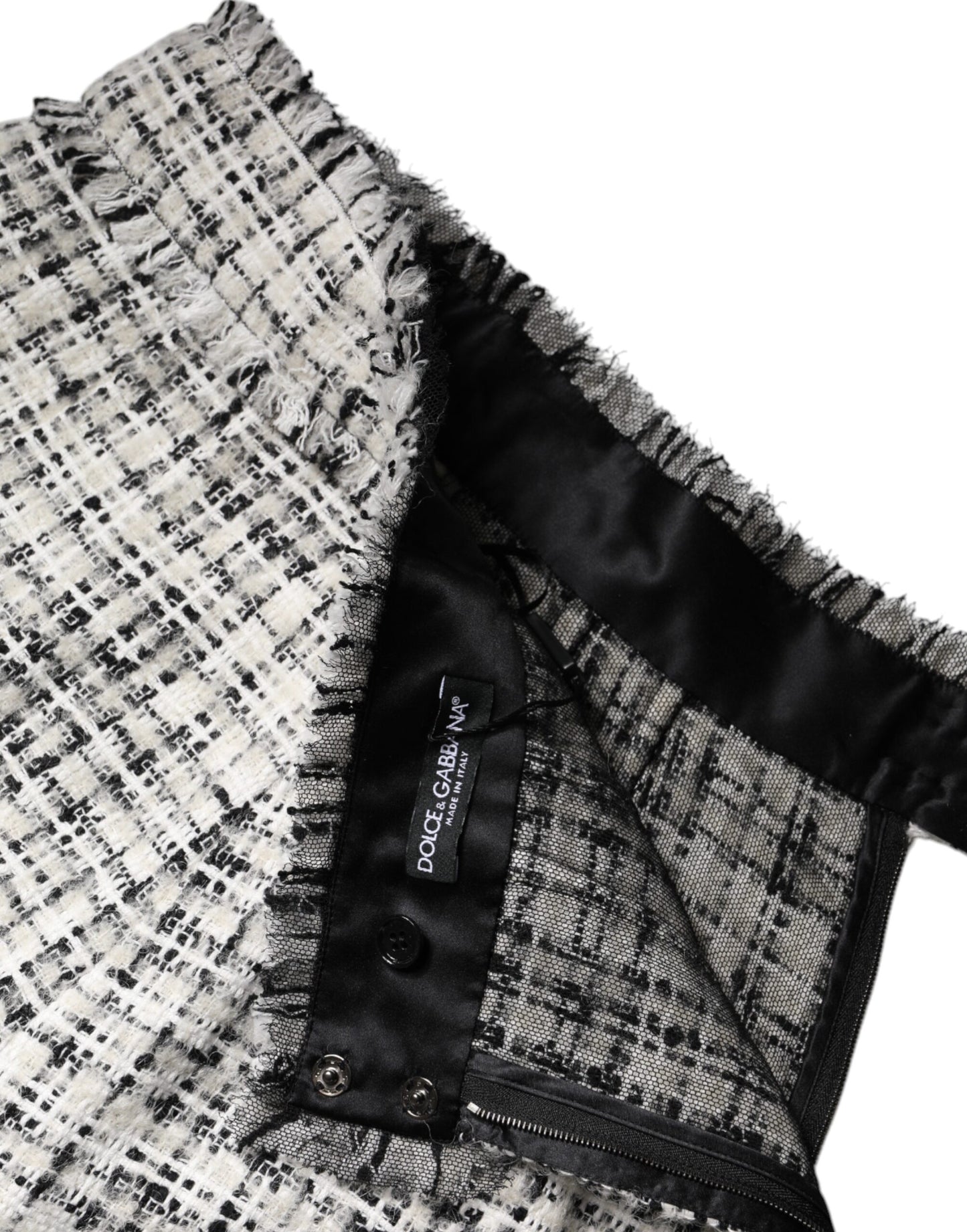 Minigonna in tweed scozzese a vita alta bianca e nera Dolce &amp; Gabbana