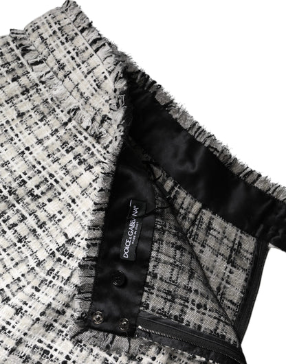 Minigonna in tweed scozzese a vita alta bianca e nera Dolce &amp; Gabbana