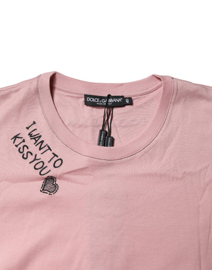 T-shirt girocollo in cotone con stampa logo rosa Dolce &amp; Gabbana
