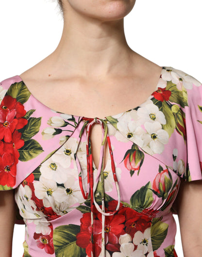 Dolce &amp; Gabbana Top blusa a maniche corte in seta floreale rosa