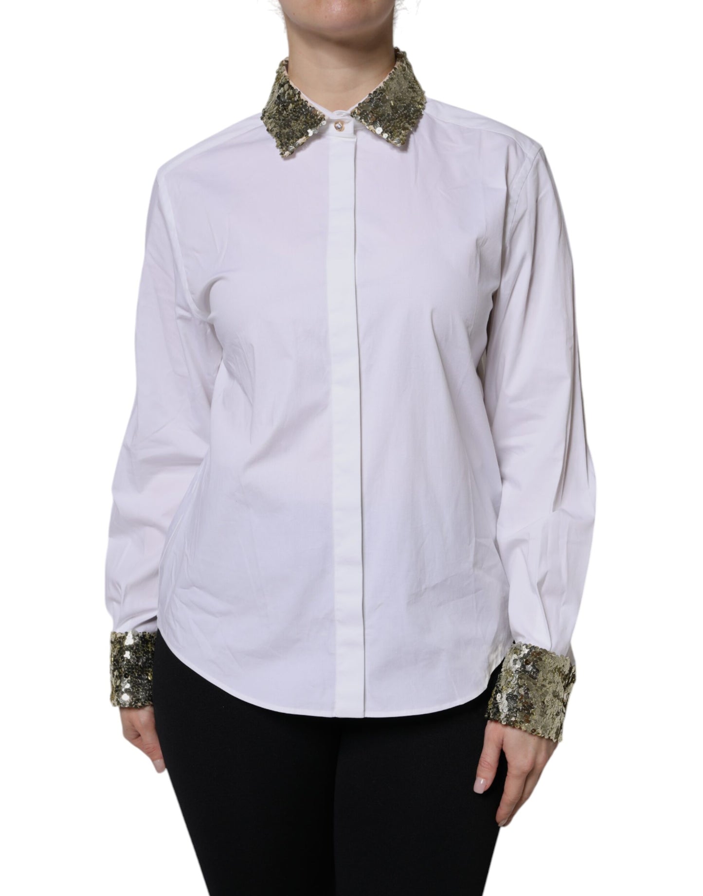 Dolce &amp; Gabbana Camicia a maniche lunghe in cotone bianco con paillettes