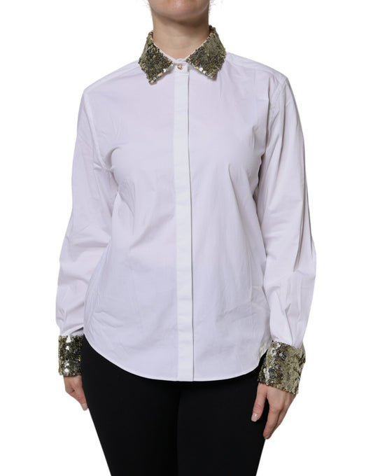 Dolce &amp; Gabbana Camicia a maniche lunghe in cotone bianco con paillettes
