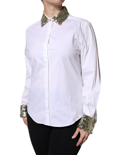 Dolce &amp; Gabbana Camicia a maniche lunghe in cotone bianco con paillettes
