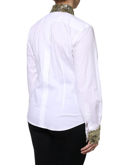 Dolce &amp; Gabbana Camicia a maniche lunghe in cotone bianco con paillettes