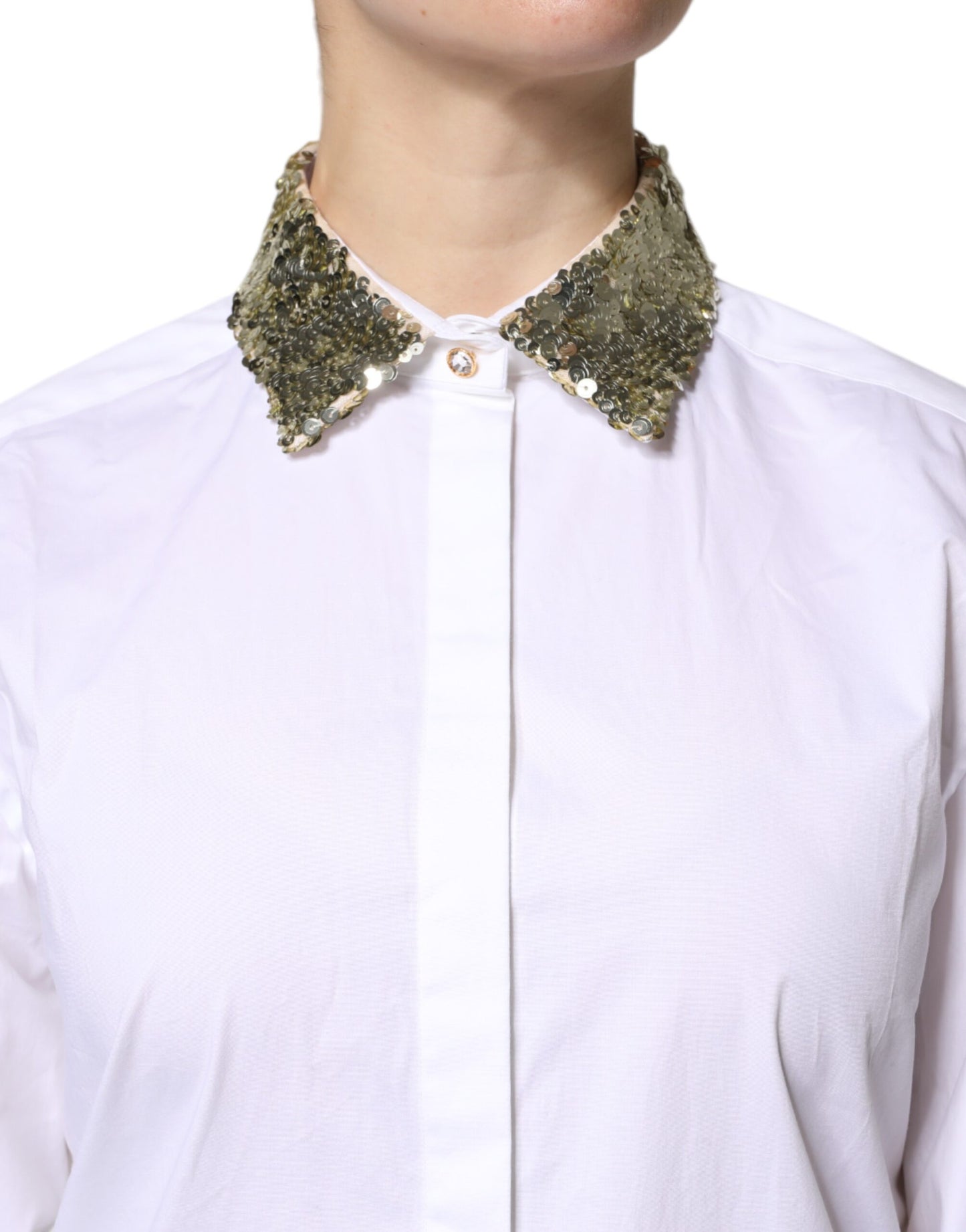 Dolce &amp; Gabbana Camicia a maniche lunghe in cotone bianco con paillettes