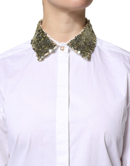 Dolce &amp; Gabbana Camicia a maniche lunghe in cotone bianco con paillettes