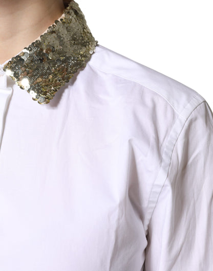 Dolce &amp; Gabbana Camicia a maniche lunghe in cotone bianco con paillettes