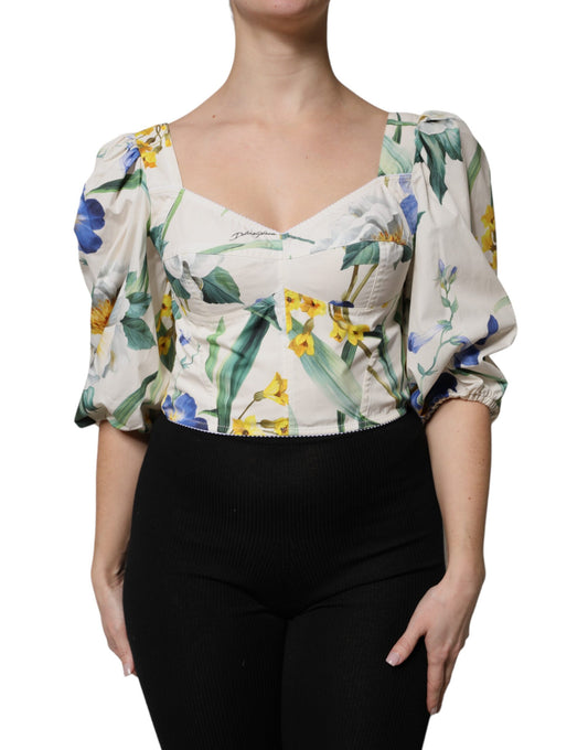 Dolce &amp; Gabbana Top corto con maniche a sbuffo e stampa floreale bianca